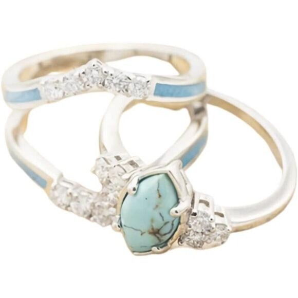 Marquise Turquoise & CZ Crystal Inlay Ring Set Stackable Bohemian Size 8 ONLY - Picture 6 of 7